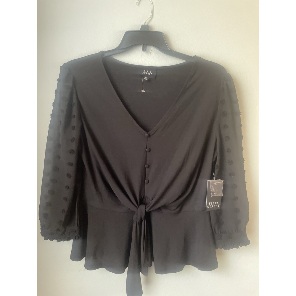 Fifty Street Stylized Tie Front Top‎ Black Size XL NWT